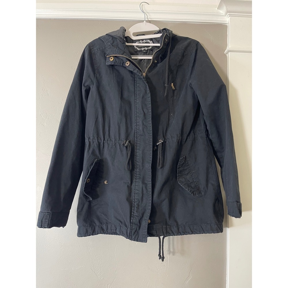 Ambiance Black Utility Anorak Jacket Hooded Drawstring Waist Fishtail Hem Women